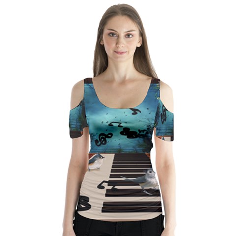 Music, Piano With Birds And Butterflies Butterfly Sleeve Cutout Tee  by FantasyWorld7