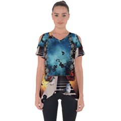 Music, Piano With Birds And Butterflies Cut Out Side Drop Tee by FantasyWorld7