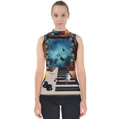 Music, Piano With Birds And Butterflies Shell Top