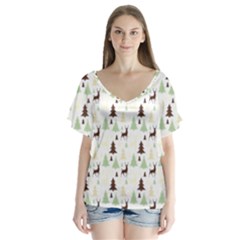 Reindeer Tree Forest V-neck Flutter Sleeve Top by patternstudio