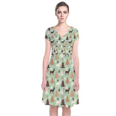 Reindeer Tree Forest Art Short Sleeve Front Wrap Dress