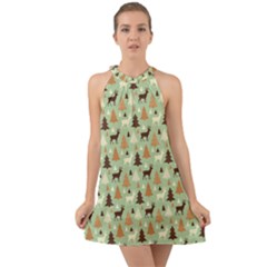 Reindeer Tree Forest Art Halter Tie Back Chiffon Dress by patternstudio