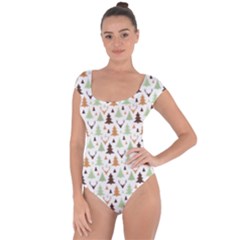 Reindeer Christmas Tree Jungle Art Short Sleeve Leotard  by patternstudio