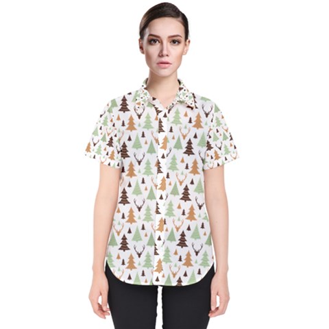 Reindeer Christmas Tree Jungle Art Women s Short Sleeve Shirt by patternstudio