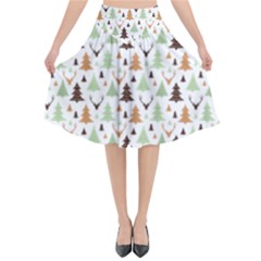 Reindeer Christmas Tree Jungle Art Flared Midi Skirt by patternstudio