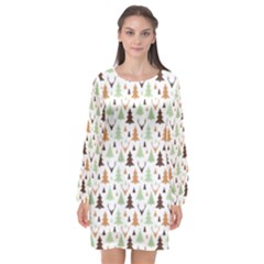 Reindeer Christmas Tree Jungle Art Long Sleeve Chiffon Shift Dress  by patternstudio