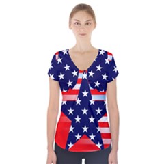Patriotic American Usa Design Red Short Sleeve Front Detail Top