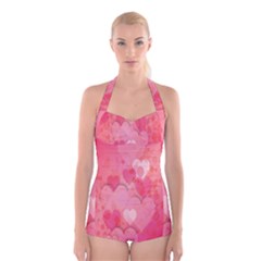 Pink Hearts Pattern Boyleg Halter Swimsuit  by Celenk