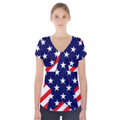 Patriotic Usa Stars Stripes Red Short Sleeve Front Detail Top by Celenk