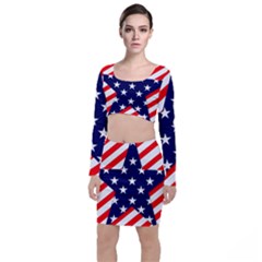Patriotic Usa Stars Stripes Red Long Sleeve Crop Top & Bodycon Skirt Set by Celenk