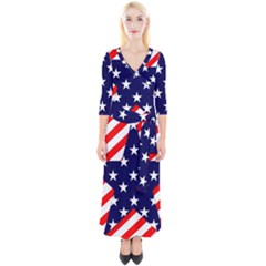 Patriotic Usa Stars Stripes Red Quarter Sleeve Wrap Maxi Dress