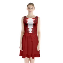 Canada Maple Leaf Art Sleeveless Waist Tie Chiffon Dress