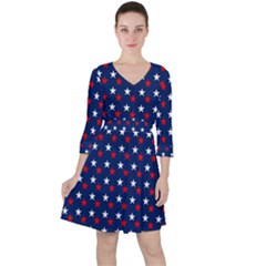 Patriotic Red White Blue Stars Blue Background Ruffle Dress by Celenk