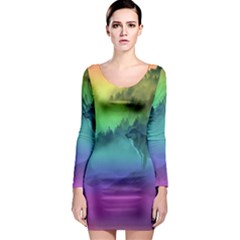 Yellowstone Wolfs Sunset Long Sleeve Bodycon Dress by PodArtist