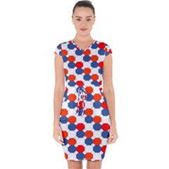 Geometric Design Red White Blue Capsleeve Drawstring Dress 