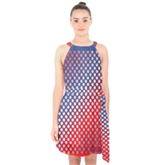 Dots Red White Blue Gradient Halter Collar Waist Tie Chiffon Dress by Celenk