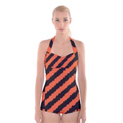 Black Orange Pattern Boyleg Halter Swimsuit 