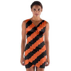 Black Orange Pattern Wrap Front Bodycon Dress