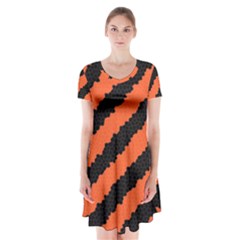 Black Orange Pattern Short Sleeve V-neck Flare Dress