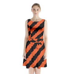 Black Orange Pattern Sleeveless Waist Tie Chiffon Dress