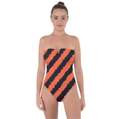 Black Orange Pattern Tie Back One Piece Swimsuit