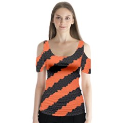 Black Orange Pattern Butterfly Sleeve Cutout Tee 