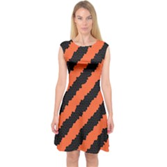 Black Orange Pattern Capsleeve Midi Dress