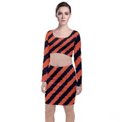 Black Orange Pattern Long Sleeve Crop Top & Bodycon Skirt Set