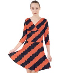 Black Orange Pattern Quarter Sleeve Front Wrap Dress	