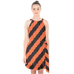 Black Orange Pattern Halter Collar Waist Tie Chiffon Dress