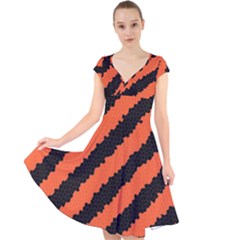 Black Orange Pattern Cap Sleeve Front Wrap Midi Dress