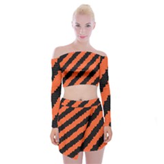 Black Orange Pattern Off Shoulder Top with Mini Skirt Set