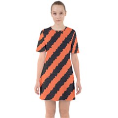 Black Orange Pattern Sixties Short Sleeve Mini Dress