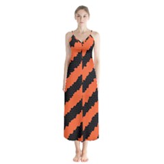 Black Orange Pattern Button Up Chiffon Maxi Dress