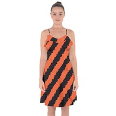 Black Orange Pattern Ruffle Detail Chiffon Dress