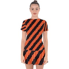 Black Orange Pattern Drop Hem Mini Chiffon Dress