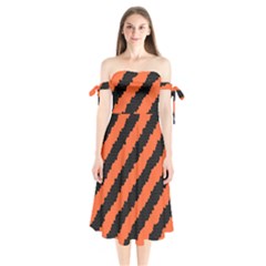 Black Orange Pattern Shoulder Tie Bardot Midi Dress