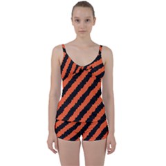 Black Orange Pattern Tie Front Two Piece Tankini