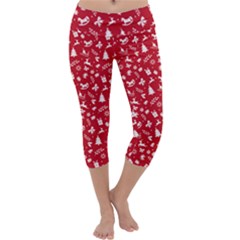 Red Christmas Pattern Capri Yoga Leggings by patternstudio