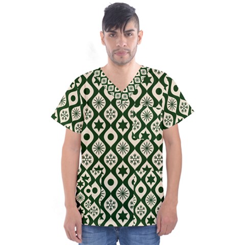 Green Ornate Christmas Pattern Men s V-neck Scrub Top by patternstudio