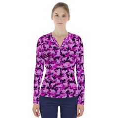 Hot Pink Catmouflage Camouflage V-neck Long Sleeve Top by PodArtist