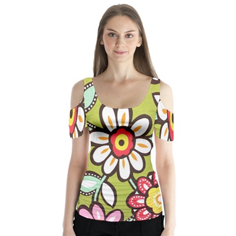 Flowers Fabrics Floral Design Butterfly Sleeve Cutout Tee  by Celenk