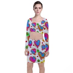 Love Hearts Shapes Doodle Art Long Sleeve Crop Top & Bodycon Skirt Set by Celenk