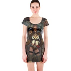 Steampunk, Steampunk Women With Clocks And Gears Short Sleeve Bodycon Dress by FantasyWorld7