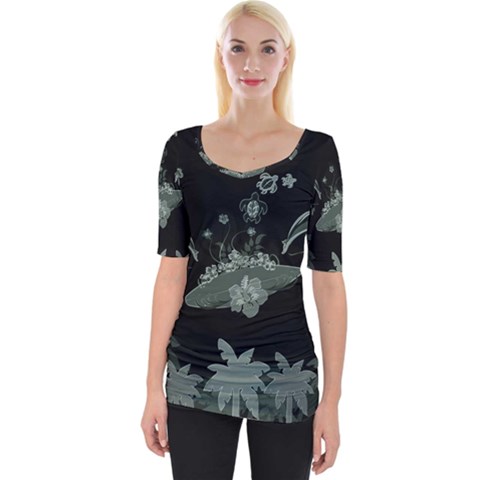 Surfboard With Dolphin, Flowers, Palm And Turtle Wide Neckline Tee by FantasyWorld7