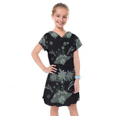 Surfboard With Dolphin, Flowers, Palm And Turtle Kids  Drop Waist Dress by FantasyWorld7