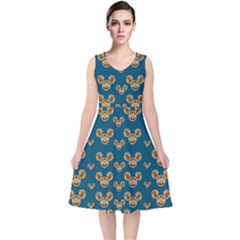 Cartoon Animals In Gold And Silver Gift Decorations V-neck Midi Sleeveless Dress  by pepitasart