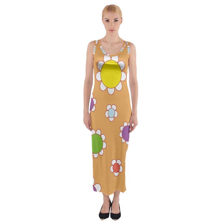 Floral Flowers Retro 1960s 60s Fitted Maxi Dress