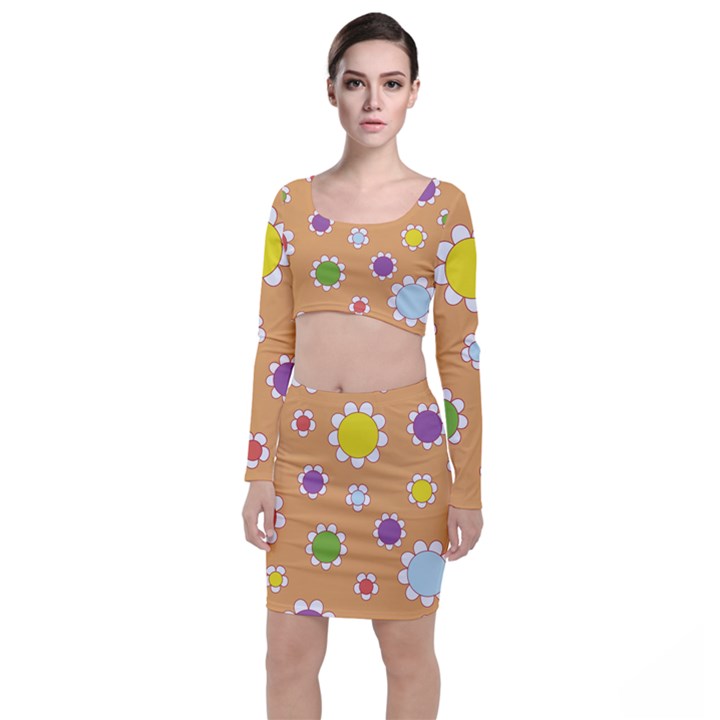 Floral Flowers Retro 1960s 60s Long Sleeve Crop Top & Bodycon Skirt Set