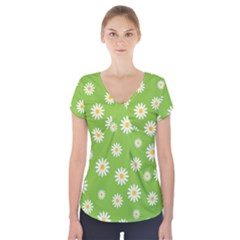 Daisy Flowers Floral Wallpaper Short Sleeve Front Detail Top by Celenk